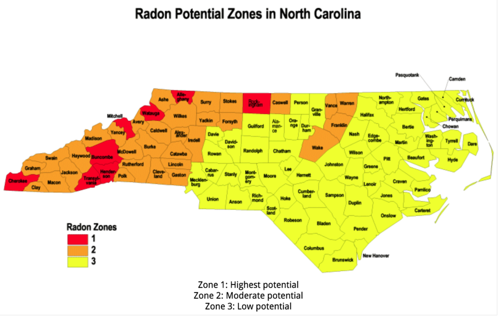 map of Radon potential zones in North Carolina