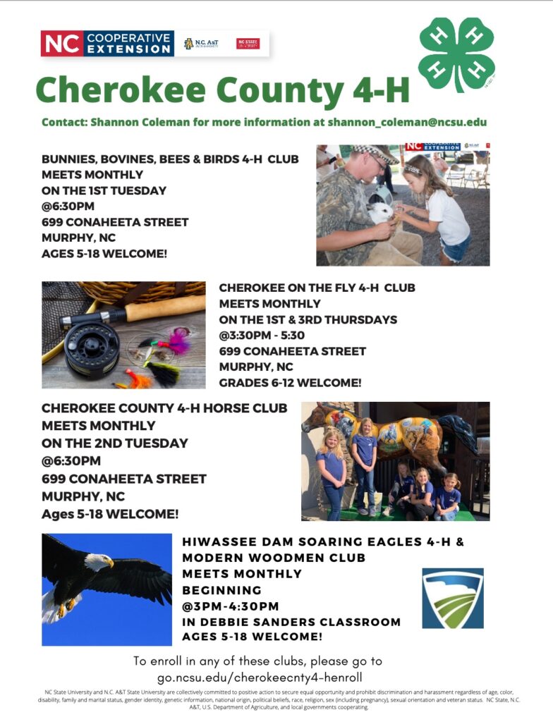 Cherokee County 4-H club meeting flier. 