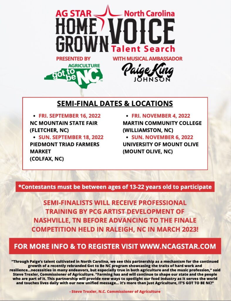 Semi-finalists will receive professional training by PCG artist development of Nashville, TN before advancing to the finale competition held in Raleigh, NC in march 2023! For more info & to register visit www.ncagstar.com