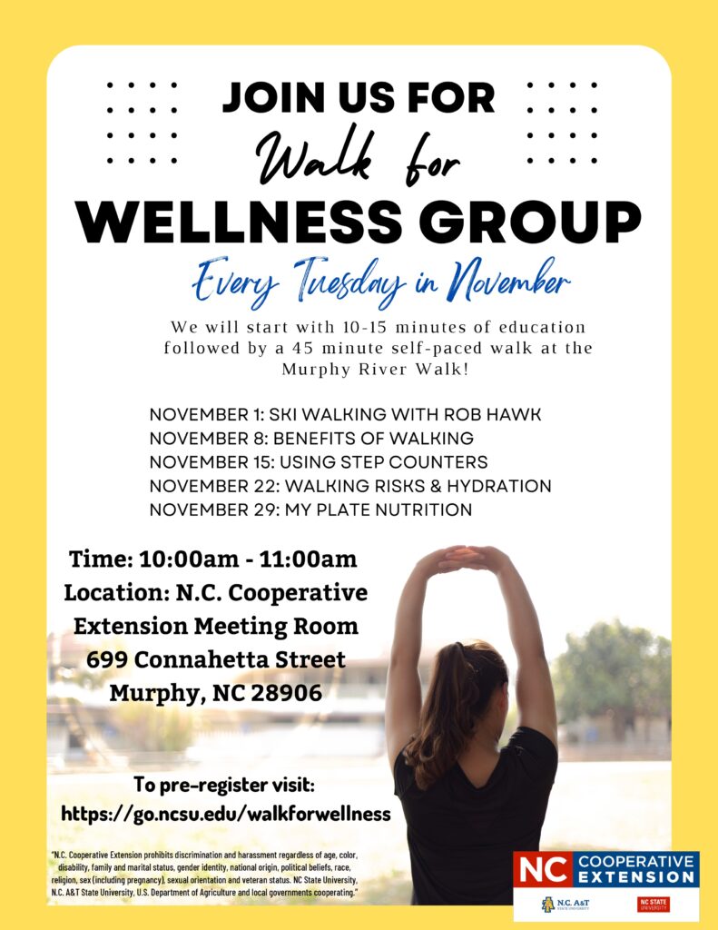 Join us for walk for wellness group. Every tuesday in November. We will start with 10-15 minutes of education followed by a 45 minute self-paced walk at the Murphy River Walk.