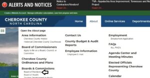 A screenshot from The Cherokee County NC website showing the location of the link to the Board of Elections content.