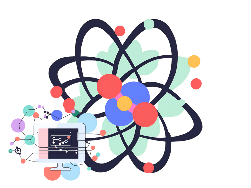 A representation of an atom is combined with an illustration of a molecule exhibiting covalent bonding. A constellation of computer systems orbits the nucleus at high velocoty.