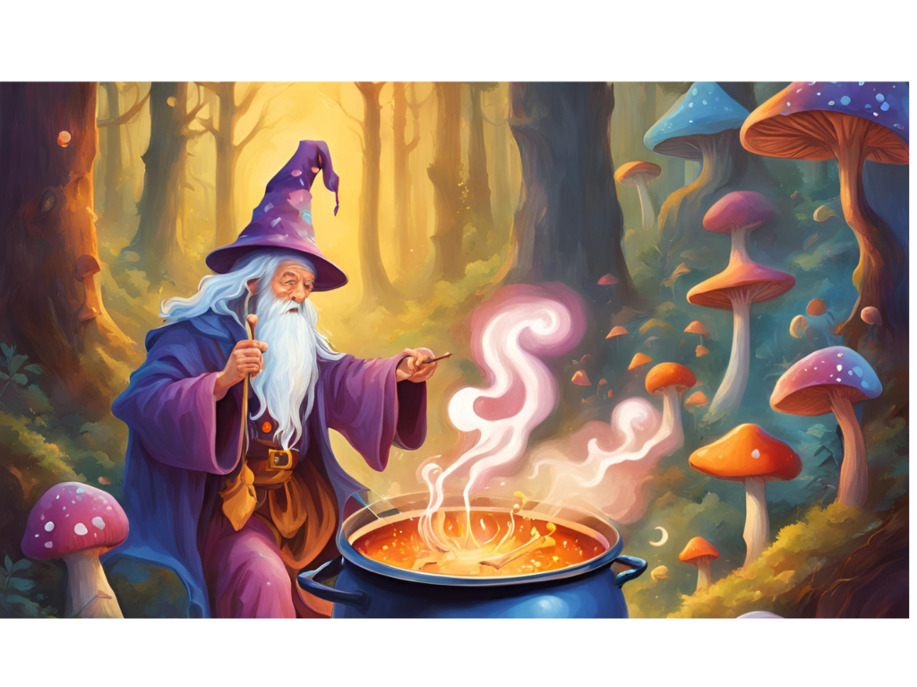 A colorful wizard living under a mushroom in the forest is stirring a word stew. As the cauldron bubbles, letters form in the steamy mist.