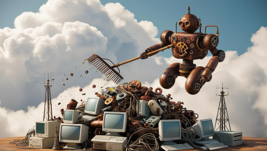 A dilapidated robot rakes a pile of obsolete components into a pile for disposal.