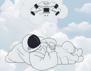 An Astronaut dreams of technology will resting on a cloud.